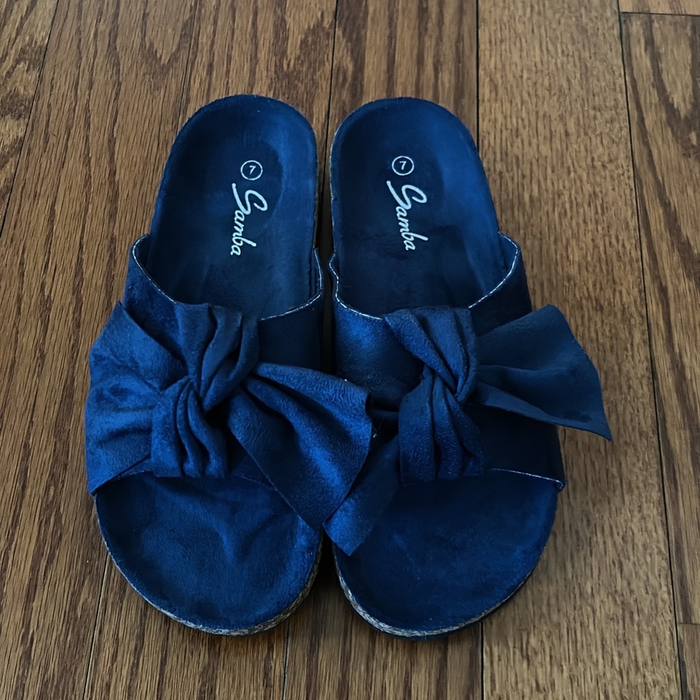 Navy Blue Bow Slide Sandals